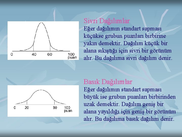 Sivri Dağılımlar Eğer dağılımın standart sapması küçükse grubun puanları birbirine yakın demektir. Dağılım küçük Sivri Dağılımlar Eğer dağılımın standart sapması küçükse grubun puanları birbirine yakın demektir. Dağılım küçük
