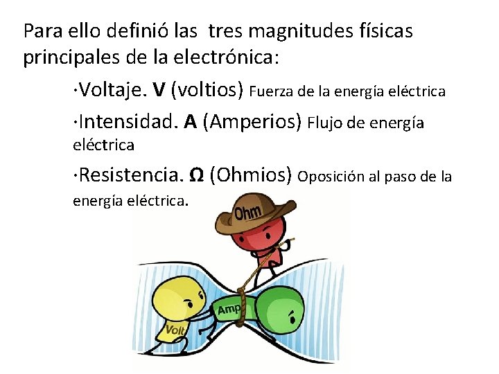 Para ello definió las tres magnitudes físicas principales de la electrónica: ·Voltaje. V (voltios)