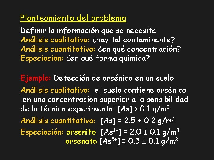Planteamiento del problema Definir la información que se necesita Análisis cualitativo: ¿hay tal contaminante? Planteamiento del problema Definir la información que se necesita Análisis cualitativo: ¿hay tal contaminante?