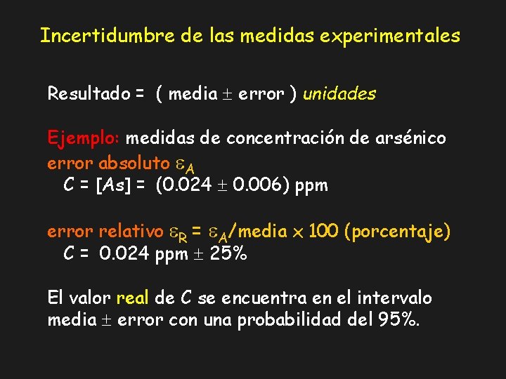 Incertidumbre de las medidas experimentales Resultado = ( media error ) unidades Ejemplo: medidas