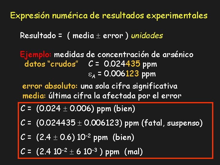 Expresión numérica de resultados experimentales Resultado = ( media error ) unidades Ejemplo: medidas Expresión numérica de resultados experimentales Resultado = ( media error ) unidades Ejemplo: medidas