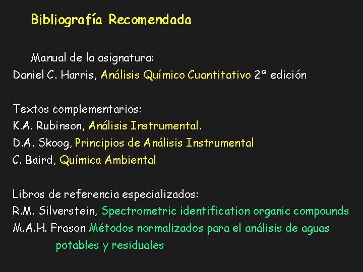 Bibliografía Recomendada Manual de la asignatura: Daniel C. Harris, Análisis Químico Cuantitativo 2ª edición