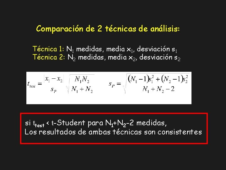 Comparación de 2 técnicas de análisis: Técnica 1: N 1 medidas, media x 1,