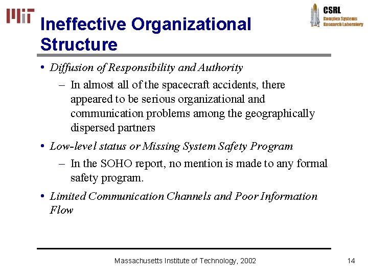 Ineffective Organizational Structure • Diffusion of Responsibility and Authority – In almost all of