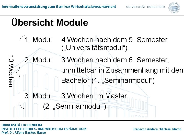 Informationsveranstaltung zum Seminar Wirtschaftslehreunterricht Übersicht Module 10 Wochen 1. Modul: 4 Wochen nach dem