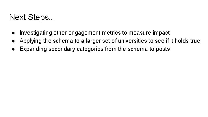 Next Steps. . . ● Investigating other engagement metrics to measure impact ● Applying