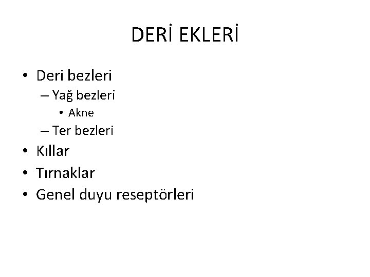 DERİ EKLERİ • Deri bezleri – Yağ bezleri • Akne – Ter bezleri •