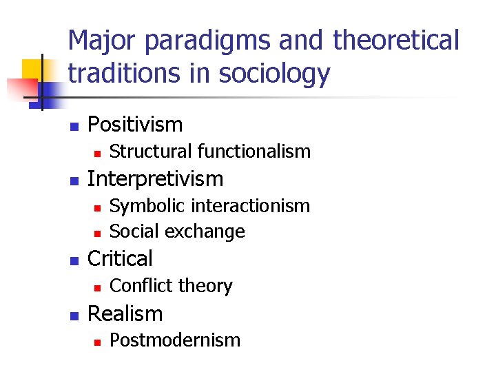 Major paradigms and theoretical traditions in sociology n Positivism n n Interpretivism n n