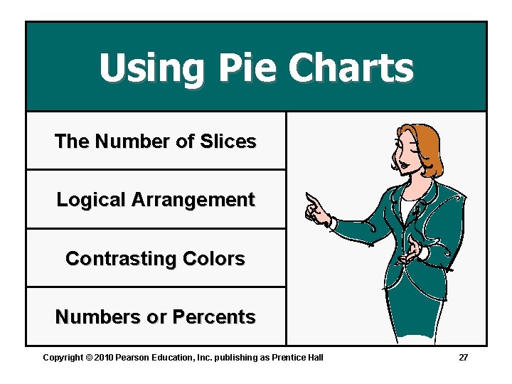 Using Pie Charts The Number of Slices Logical Arrangement Contrasting Colors Numbers or Percents