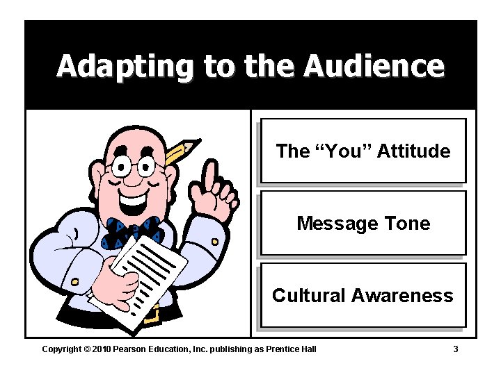 Adapting to the Audience The “You” Attitude Message Tone Cultural Awareness Copyright © 2010