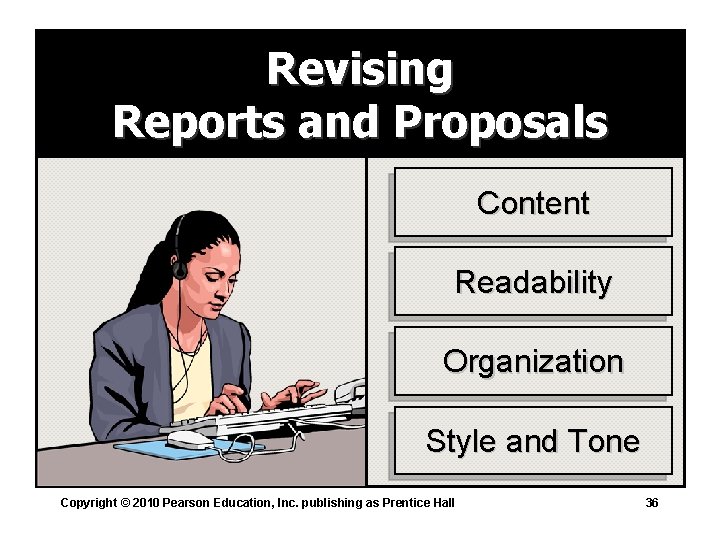 Revising Reports and Proposals Content Readability Organization Style and Tone Copyright © 2010 Pearson