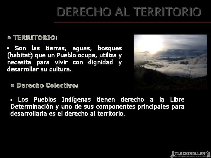 DERECHO AL TERRITORIO • TERRITORIO: ▪ Son las tierras, aguas, bosques (habitat) que un