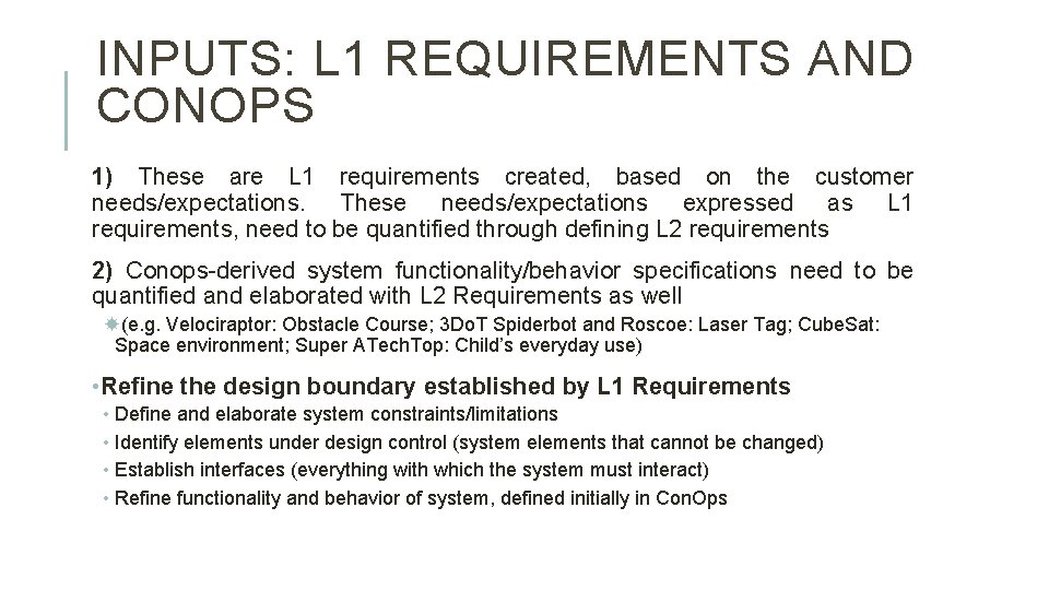 INPUTS: L 1 REQUIREMENTS AND CONOPS 1) These are L 1 requirements created, based