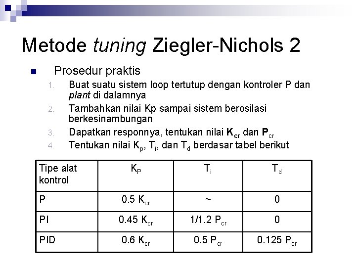 Metode tuning Ziegler-Nichols 2 Prosedur praktis n 1. 2. 3. 4. Buat suatu sistem