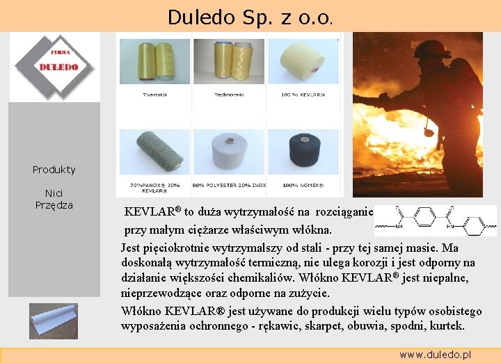  Duledo Sp. z o. o. Produkty Nici Przędza KEVLAR® to duża wytrzymałość na