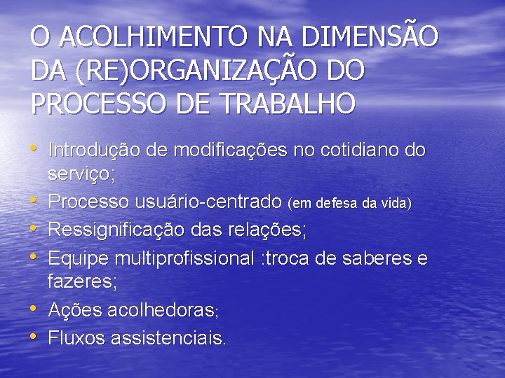 O ACOLHIMENTO NA DIMENSÃO DA (RE)ORGANIZAÇÃO DO PROCESSO DE TRABALHO • Introdução de modificações