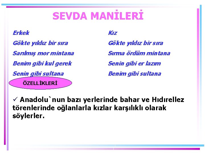 SEVDA MANİLERİ Erkek Kız Gökte yıldız bir sıra Sarılmış mor mintana Sırma ördüm mintana