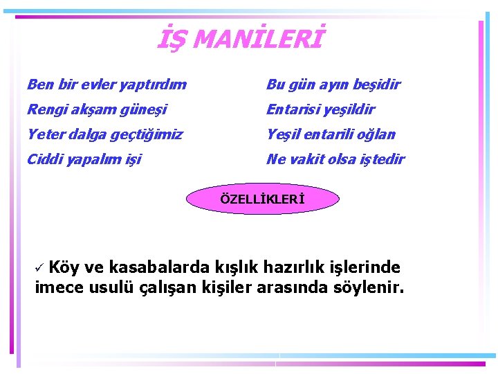 İŞ MANİLERİ Ben bir evler yaptırdım Bu gün ayın beşidir Rengi akşam güneşi Entarisi