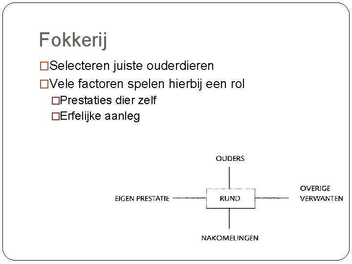 Fokkerij �Selecteren juiste ouderdieren �Vele factoren spelen hierbij een rol �Prestaties dier zelf �Erfelijke