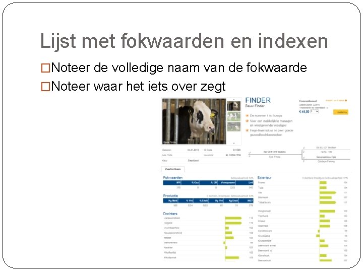 Lijst met fokwaarden en indexen �Noteer de volledige naam van de fokwaarde �Noteer waar