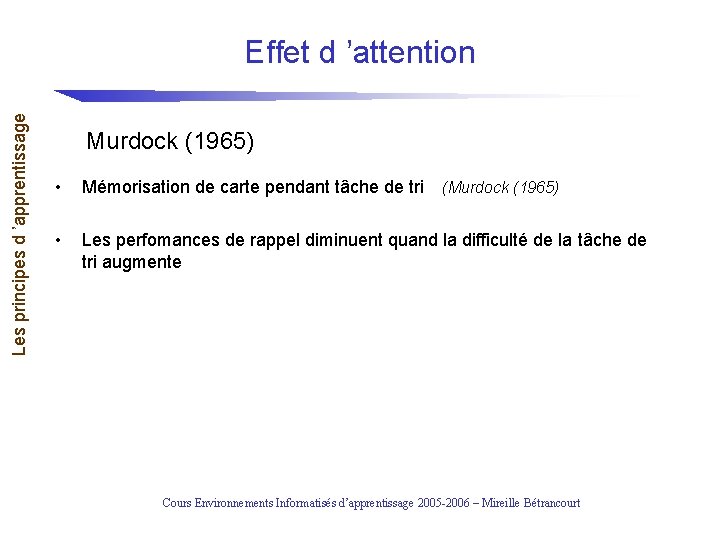 Les principes d ’apprentissage Effet d ’attention Murdock (1965) • Mémorisation de carte pendant