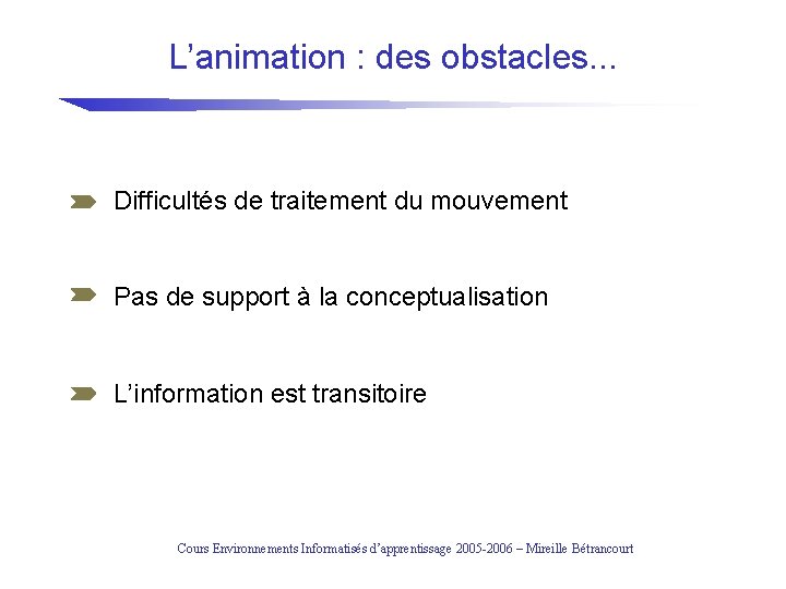 L’animation : des obstacles. . . Difficultés de traitement du mouvement Pas de support