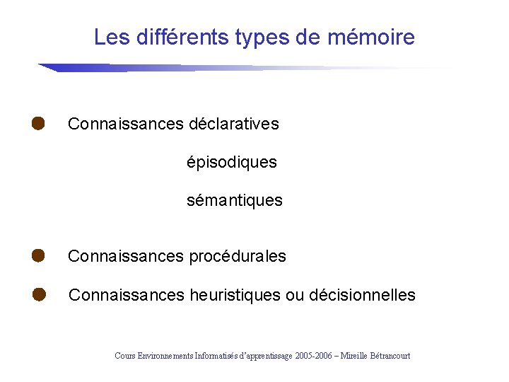 Les différents types de mémoire Connaissances déclaratives épisodiques sémantiques Connaissances procédurales Connaissances heuristiques ou