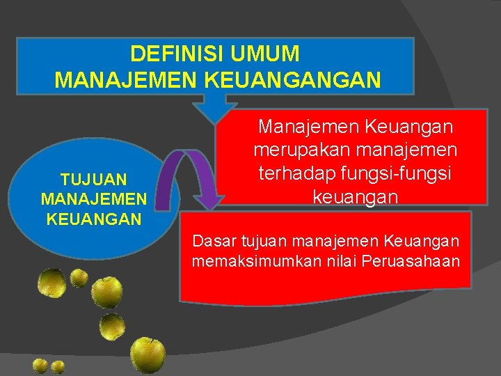 DEFINISI UMUM MANAJEMEN KEUANGANGAN TUJUAN MANAJEMEN KEUANGAN Manajemen Keuangan merupakan manajemen terhadap fungsi-fungsi keuangan