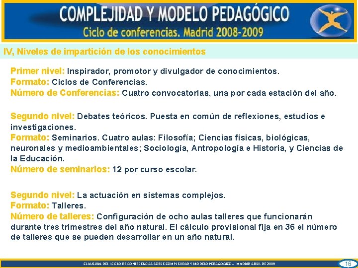 IV, Niveles de impartición de los conocimientos Primer nivel: Inspirador, promotor y divulgador de