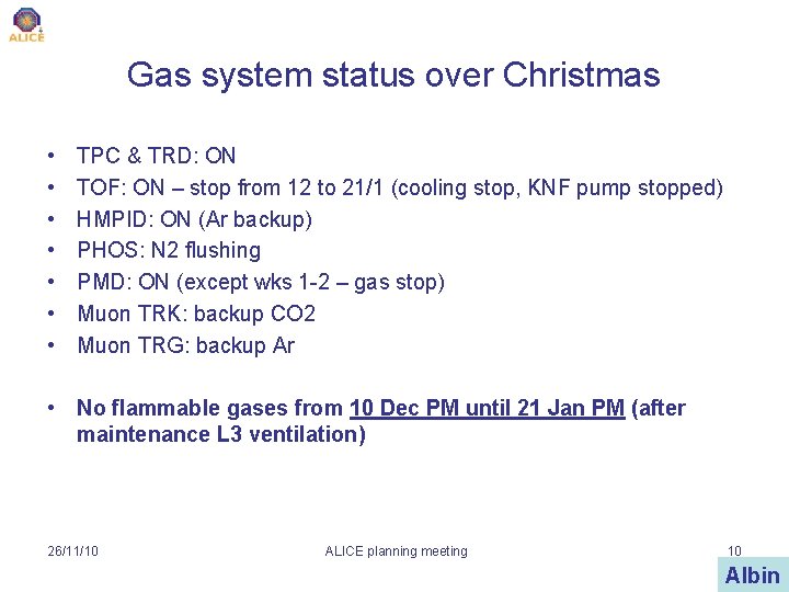Gas system status over Christmas • • TPC & TRD: ON TOF: ON –