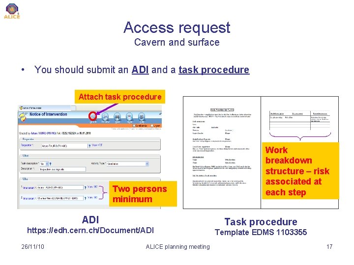 Access request Cavern and surface • You should submit an ADI and a task