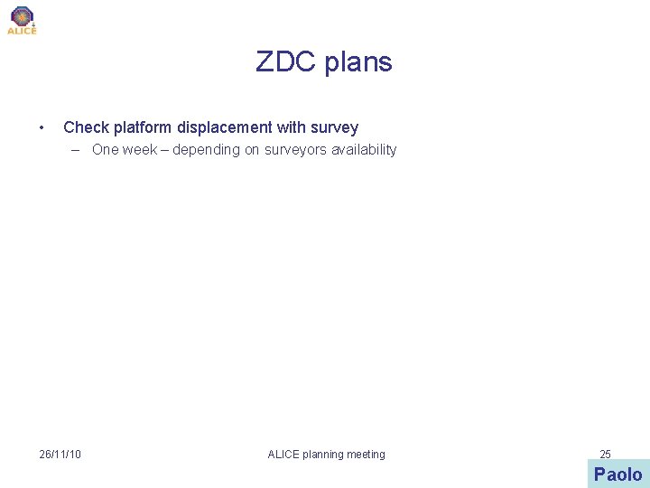 ZDC plans • Check platform displacement with survey – One week – depending on