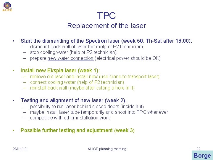 TPC Replacement of the laser • Start the dismantling of the Spectron laser (week