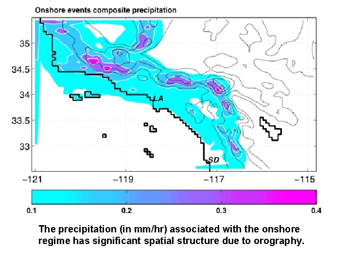 The precipitation (in mm/hr) associated with the onshore regime has significant spatial structure due