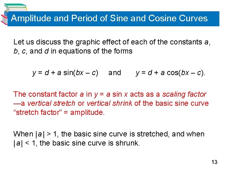 Amplitude and Period of Sine and Cosine Curves Let us discuss the graphic effect