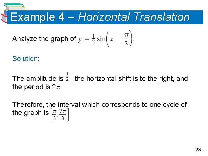 Example 4 – Horizontal Translation Analyze the graph of Solution: The amplitude is the