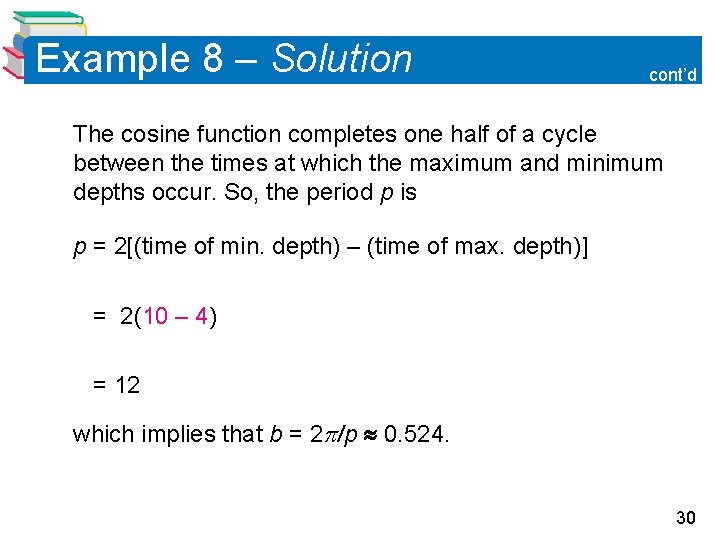 Example 8 – Solution cont’d The cosine function completes one half of a cycle