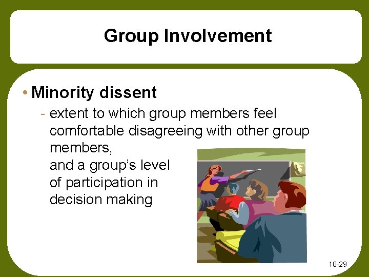 Group Involvement • Minority dissent - extent to which group members feel comfortable disagreeing