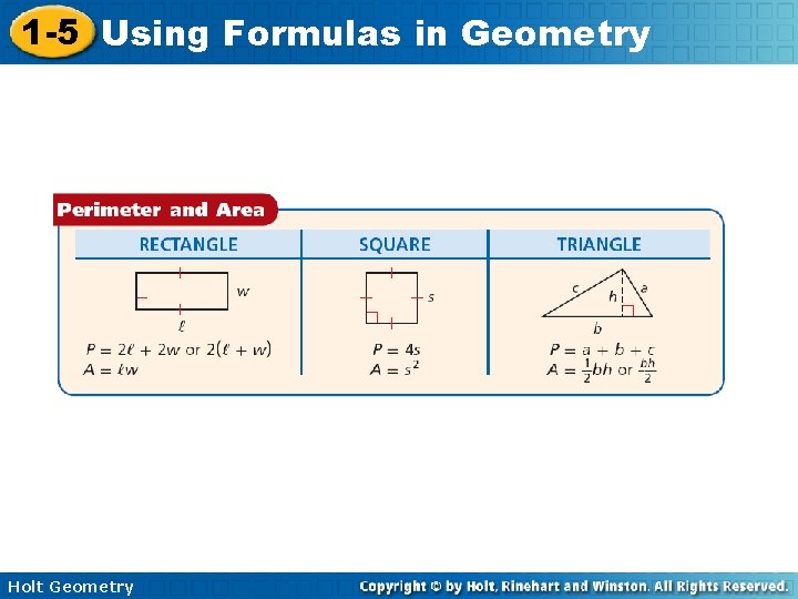 1 -5 Using Formulas in Geometry Holt Geometry 