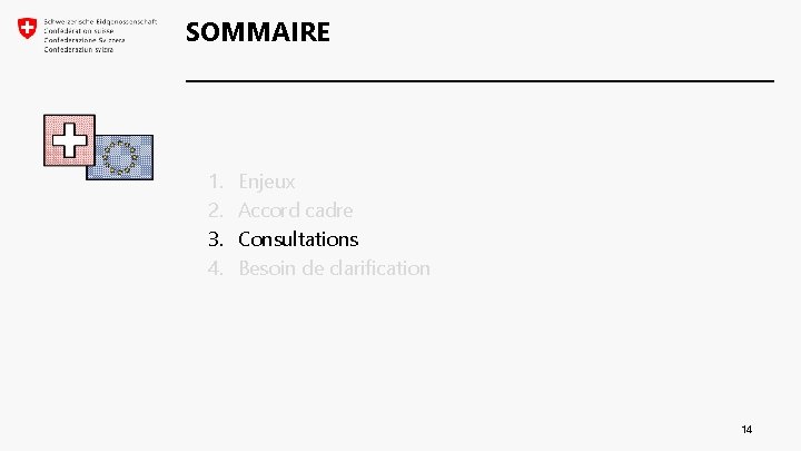 SOMMAIRE 1. 2. 3. 4. Enjeux Accord cadre Consultations Besoin de clarification 14 