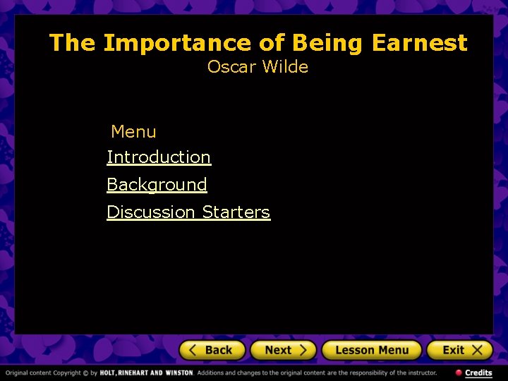 The Importance of Being Earnest Oscar Wilde Menu Introduction Background Discussion Starters 