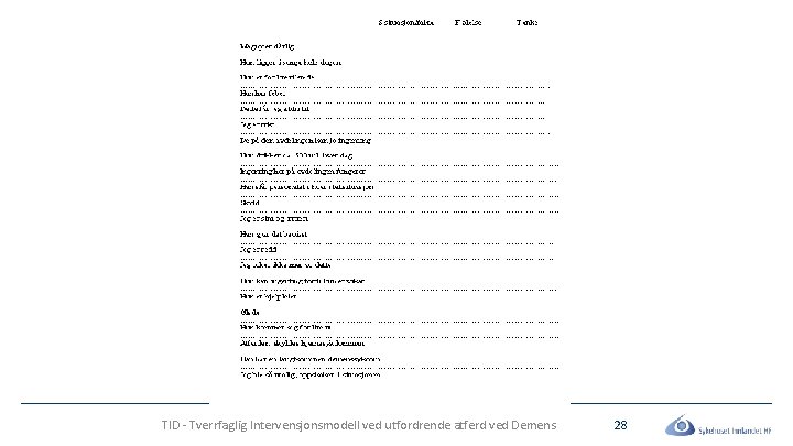 TID - Tverrfaglig Intervensjonsmodell ved utfordrende atferd ved Demens 28 