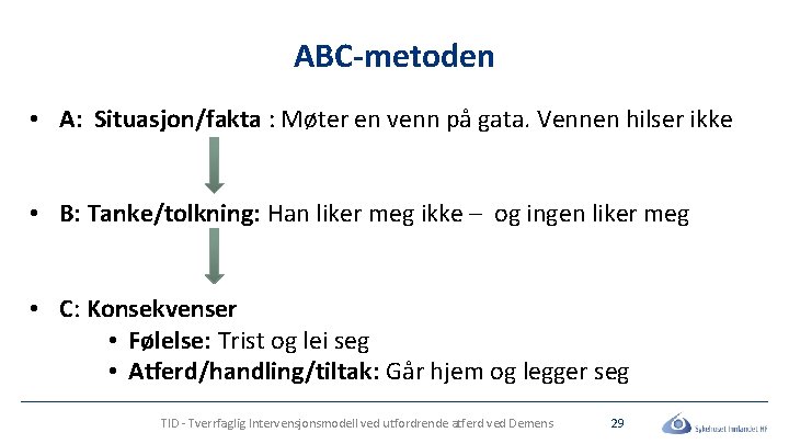 ABC-metoden • A: Situasjon/fakta : Møter en venn på gata. Vennen hilser ikke •