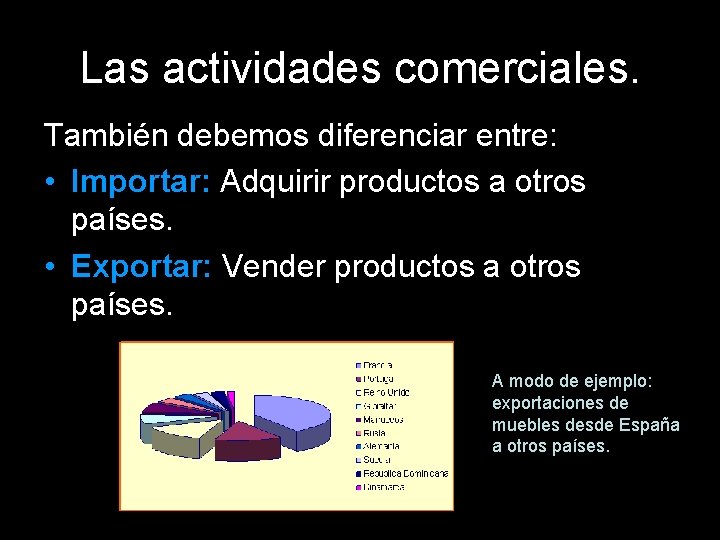 Las actividades comerciales. También debemos diferenciar entre: • Importar: Adquirir productos a otros países.