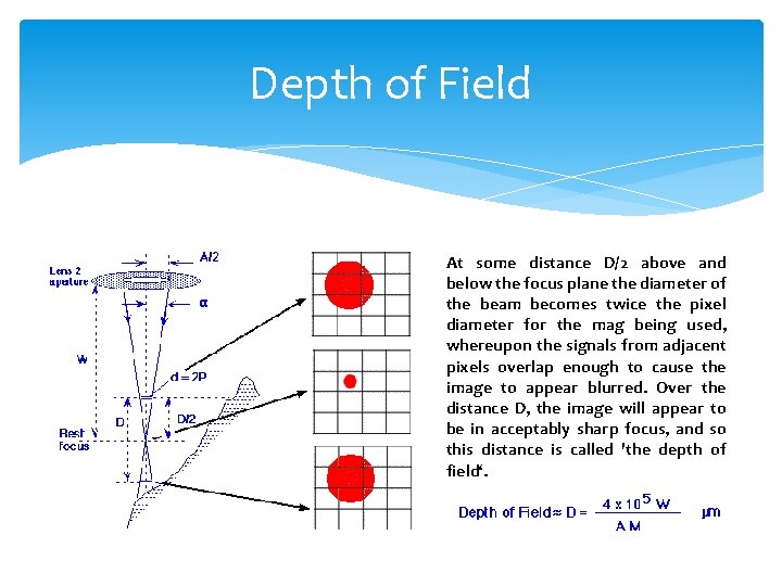 Depth of Field At some distance D/2 above and below the focus plane the