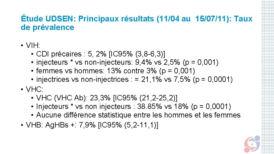 Étude UDSEN: Principaux résultats (11/04 au 15/07/11): Taux de prévalence • VIH: • CDI