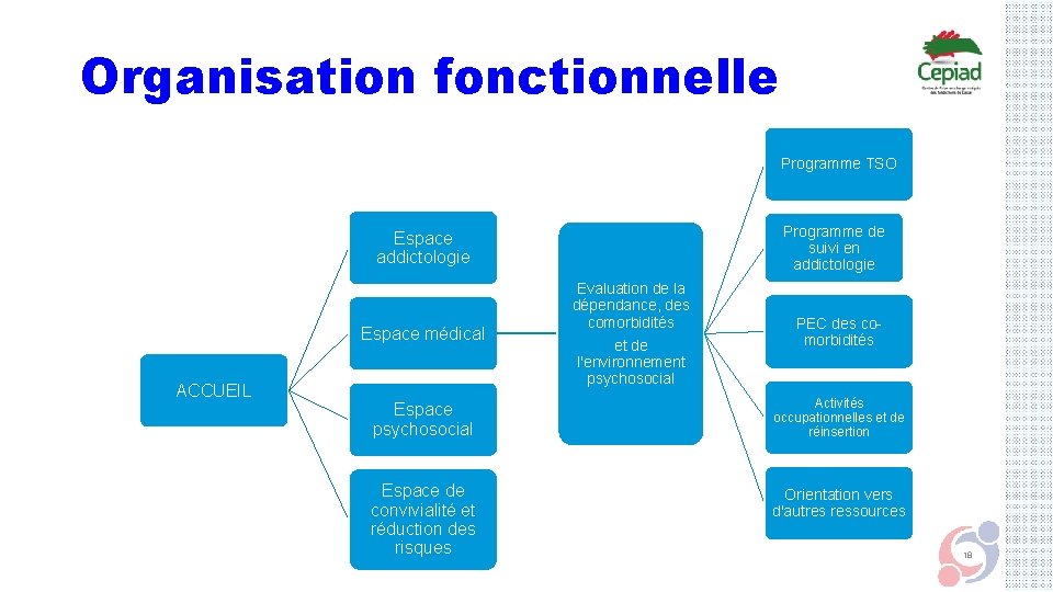 Organisation fonctionnelle Programme TSO Programme de suivi en addictologie Espace médical ACCUEIL Evaluation de