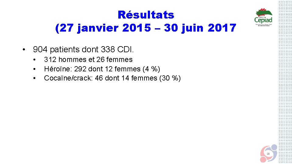 Résultats (27 janvier 2015 – 30 juin 2017 • 904 patients dont 338 CDI.