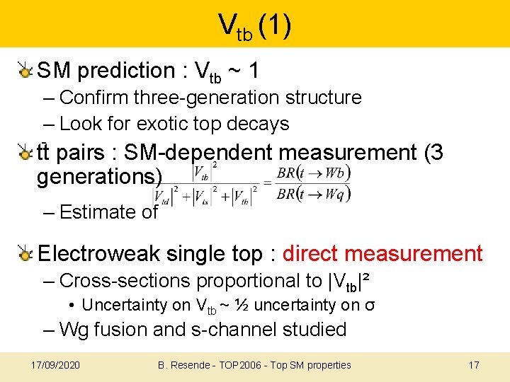 Vtb (1) SM prediction : Vtb ~ 1 – Confirm three-generation structure – Look