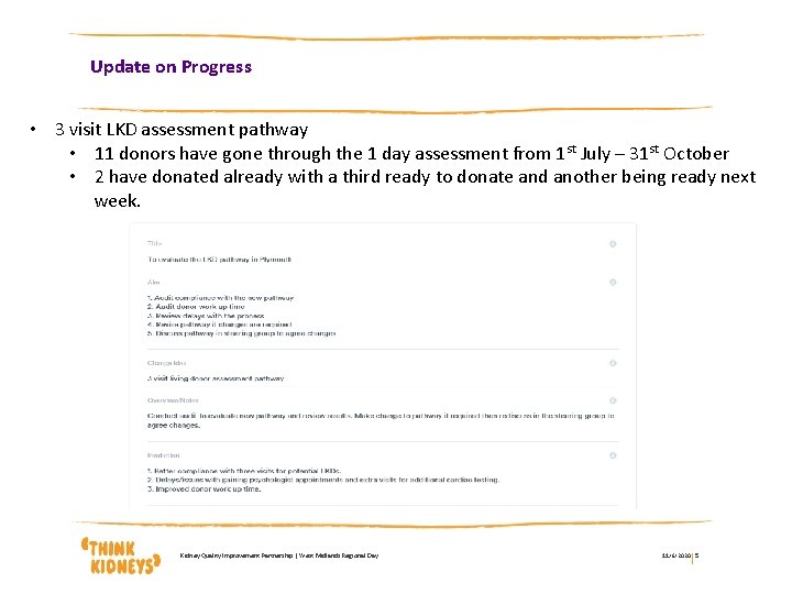 Update on Progress • 3 visit LKD assessment pathway • 11 donors have gone